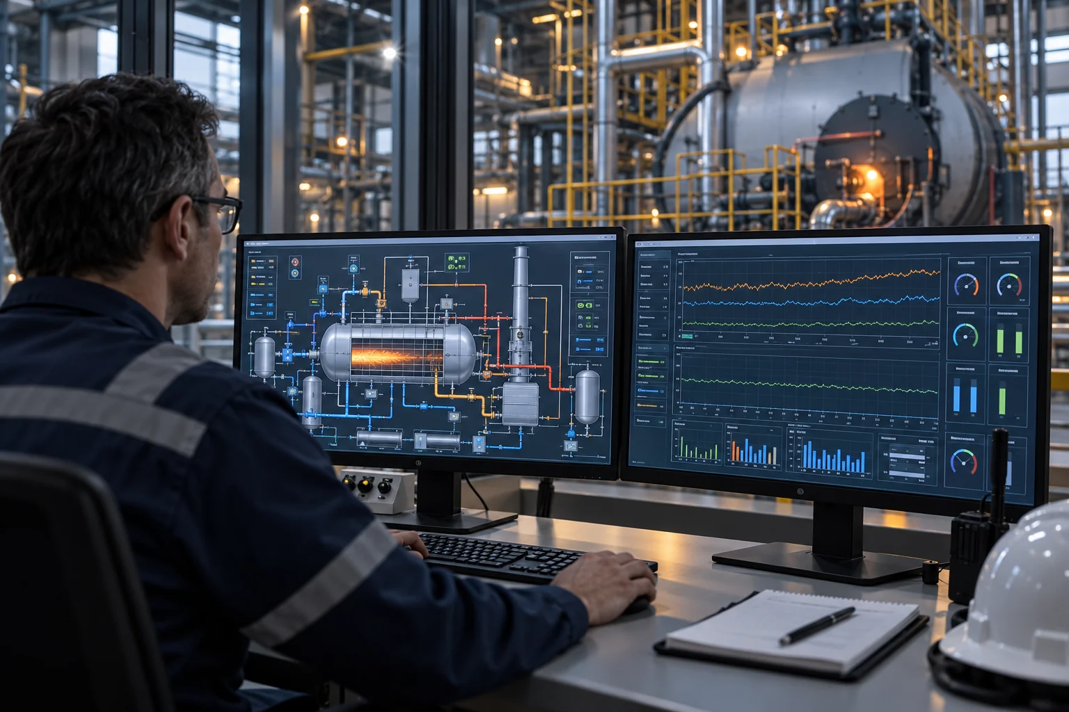 Оператор наблюдает за мнемосхемой и графиками в SCADA